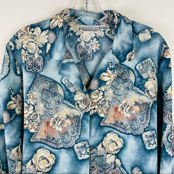 Vintage blue cream brown floral rose button front boho 80s 90s shirt top large - Picture 2 of 9